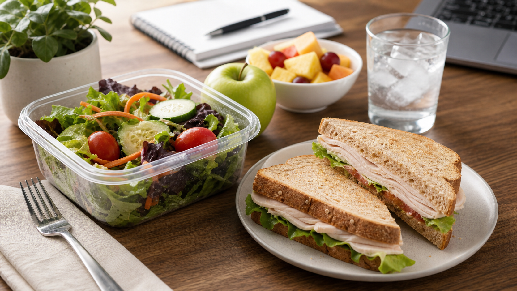 A simple deli lunch on a desk with salad, sandwich, fruit, and water