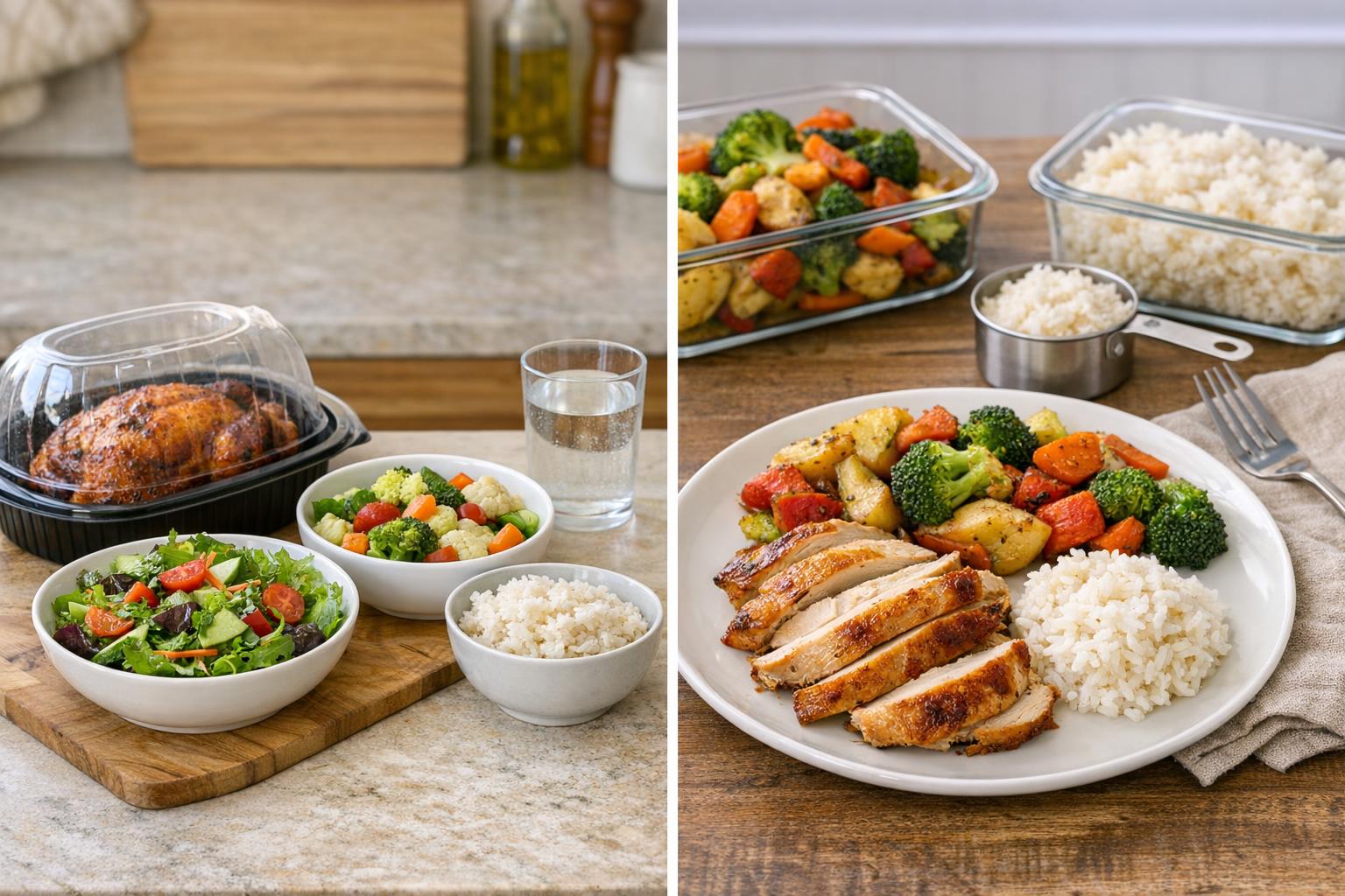 Realistic grocery store rotisserie chicken dinner on a kitchen counter with salad, vegetables, rice, and water in warm natural light