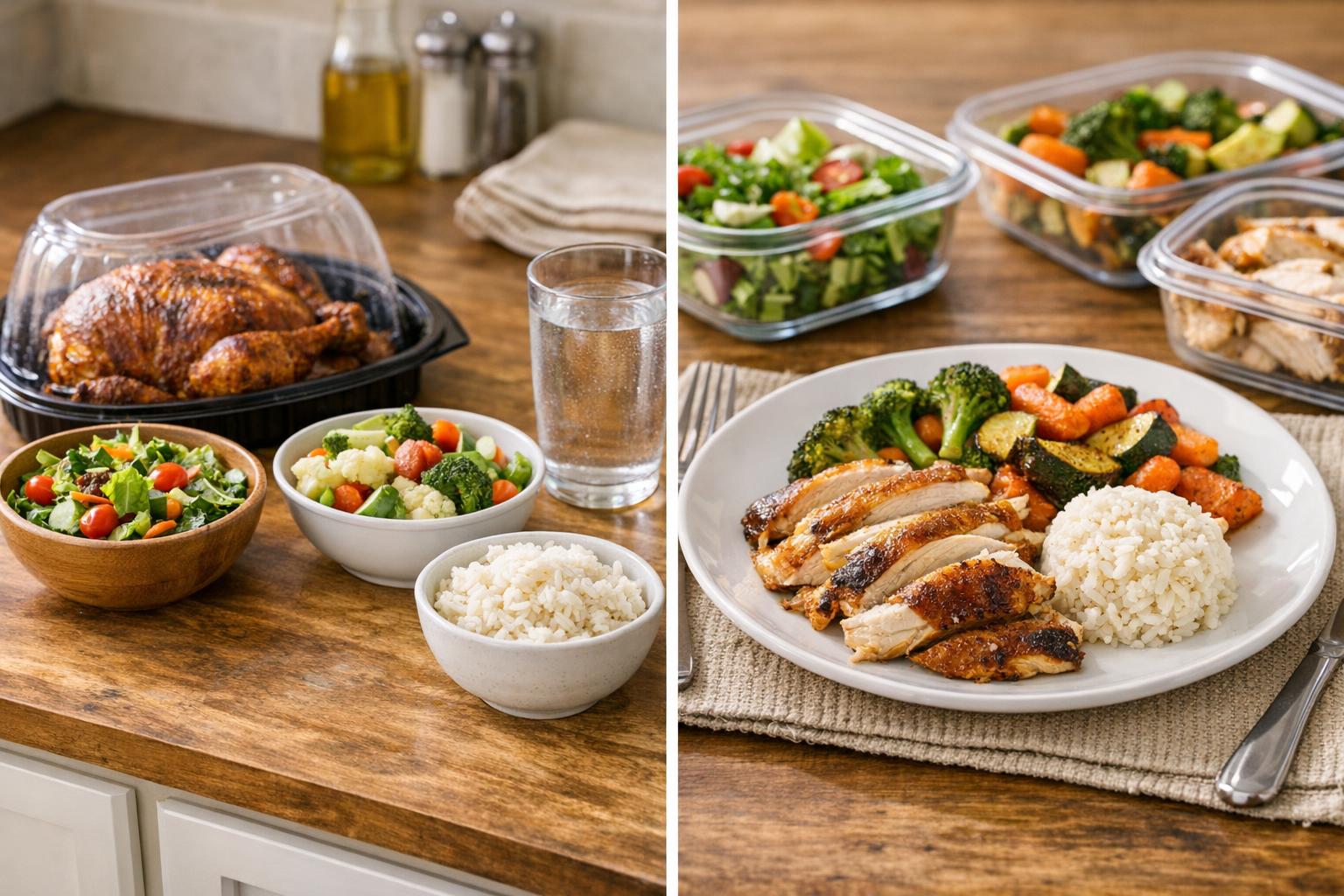 Plated rotisserie chicken dinner with roasted vegetables, rice, and meal prep containers in a realistic home kitchen scene