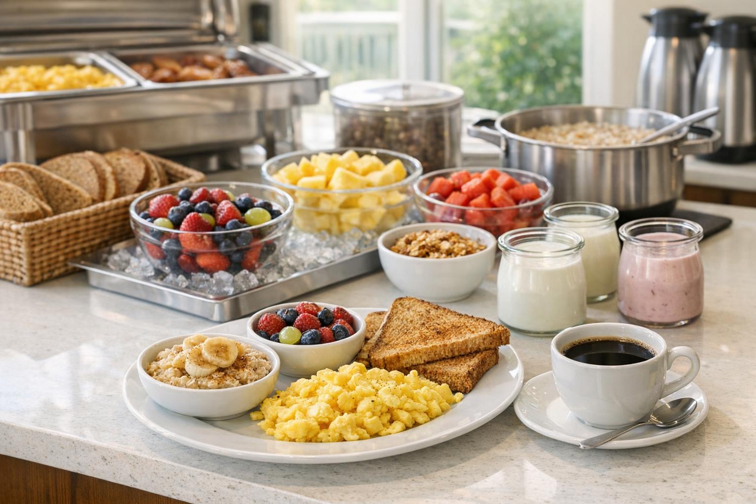 Realistic hotel breakfast buffet with eggs, yogurt, fruit, oatmeal, toast, and coffee in warm morning light