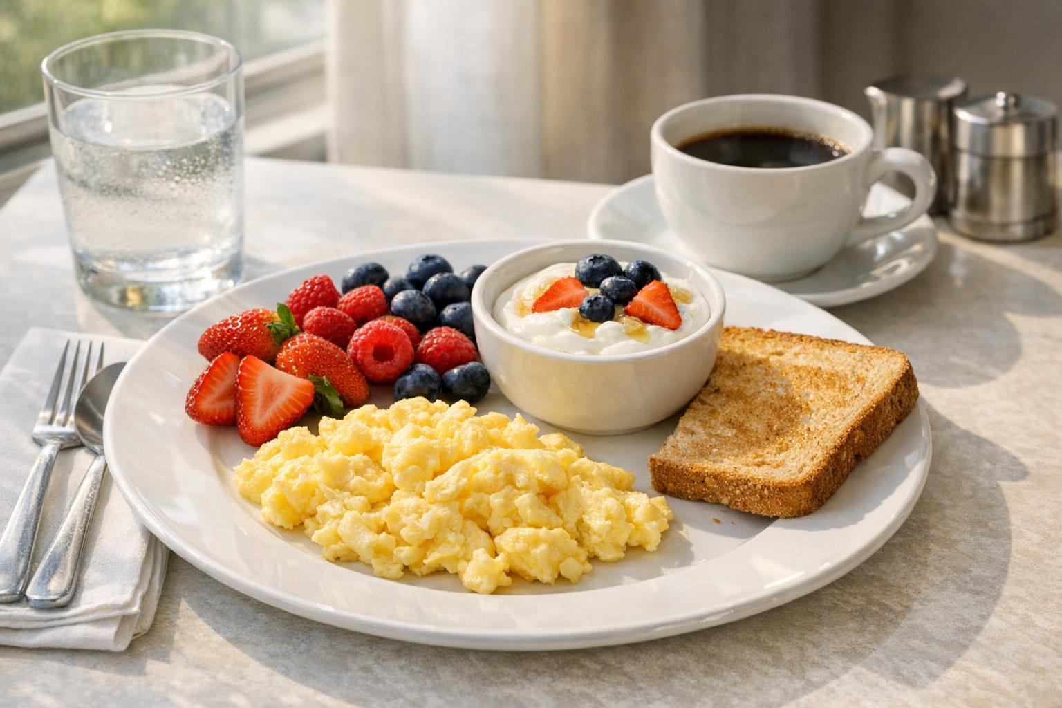 Hotel breakfast plate with scrambled eggs, berries, Greek yogurt, toast, and black coffee on a sunny table