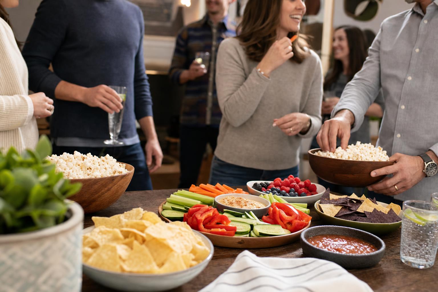 A realistic party snack table with popcorn, vegetables, fruit, chips, salsa, and sparkling water in warm indoor light