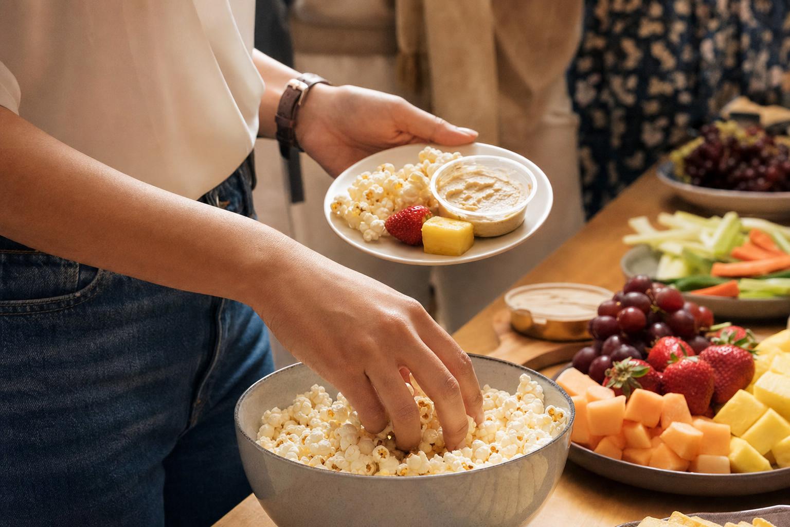 A realistic close-up of a person filling a small plate with party snacks, fruit, and a dip cup