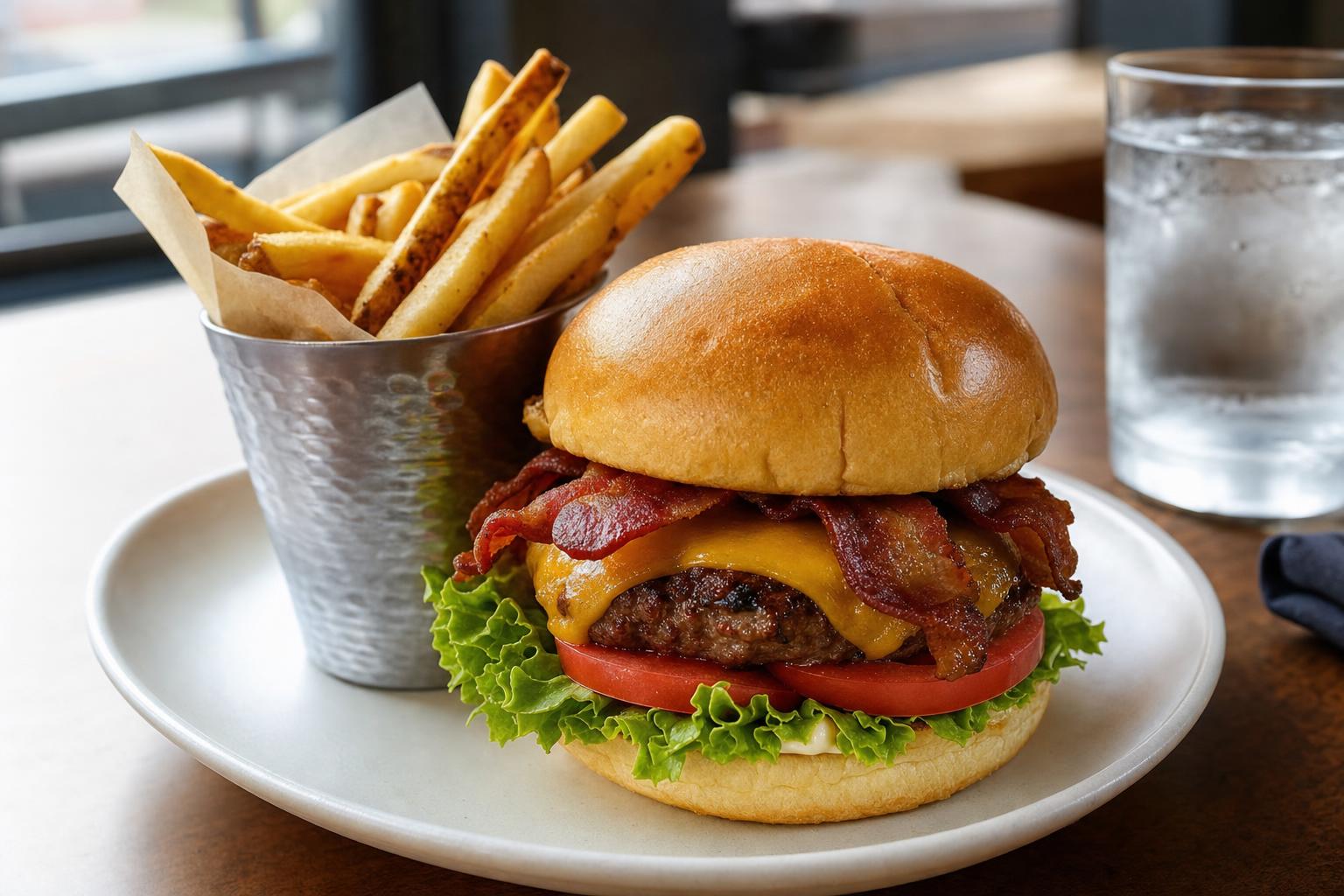 Realistic restaurant burger and fries on a table in warm natural light with a side sauce cup