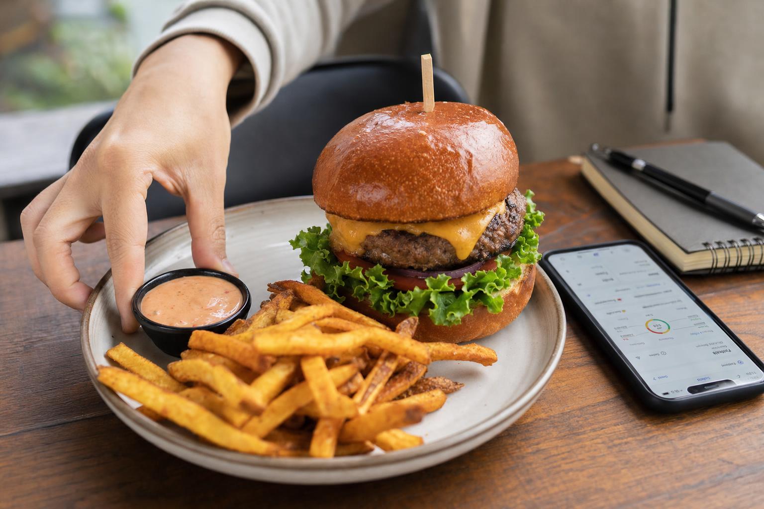 Close-up of a burger and fries plate with sauce cup on a restaurant table in soft daylight