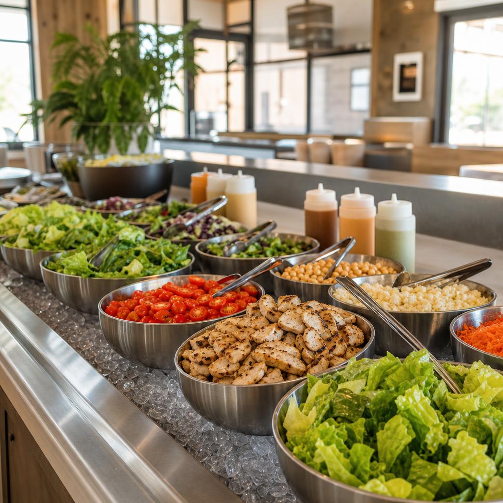 Realistic salad bar with greens, grilled chicken, tomatoes, cucumbers, chickpeas, carrots, croutons, and dressings in warm restaurant light