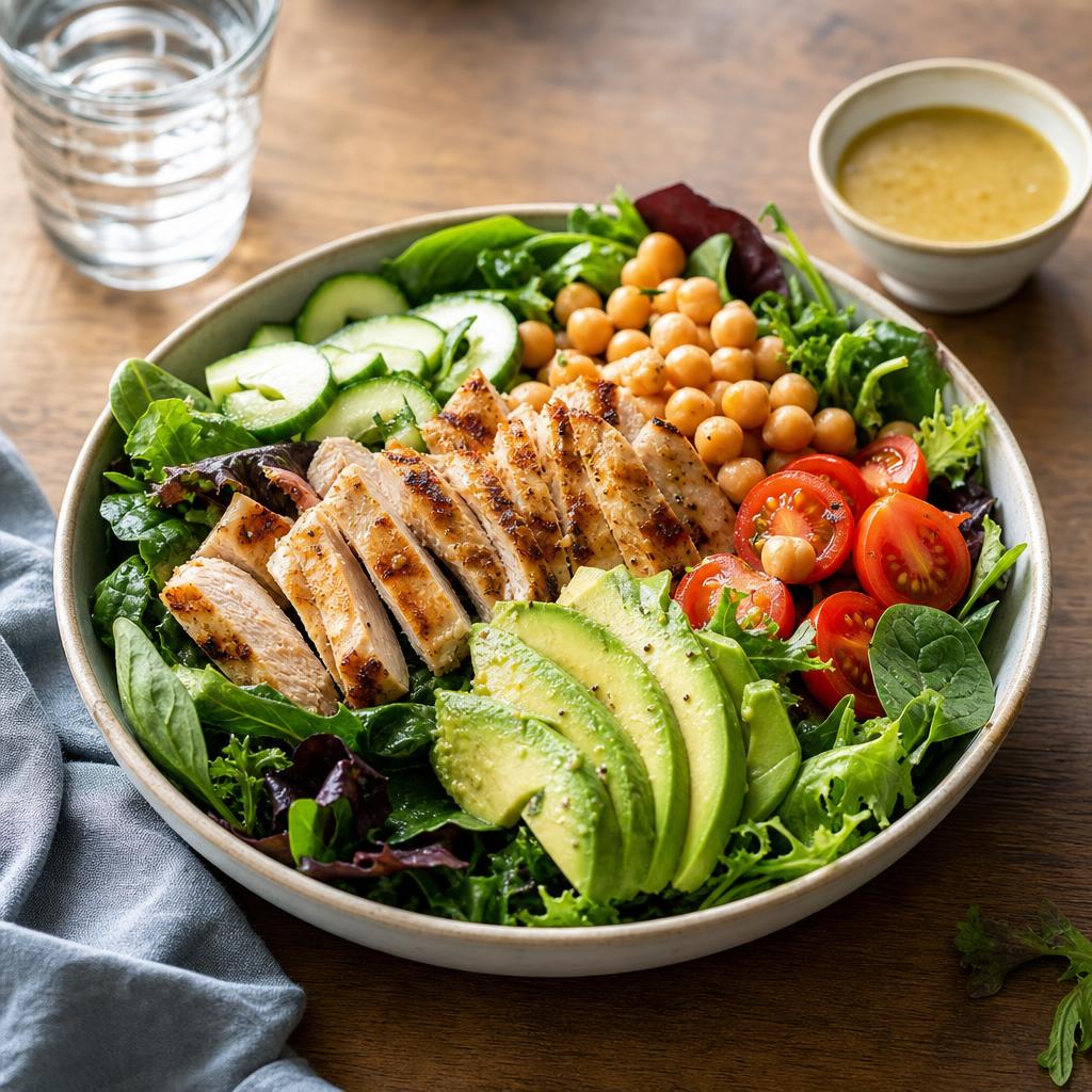 Large salad bowl with grilled chicken, avocado, chickpeas, tomatoes, cucumber, and dressing cup on the side