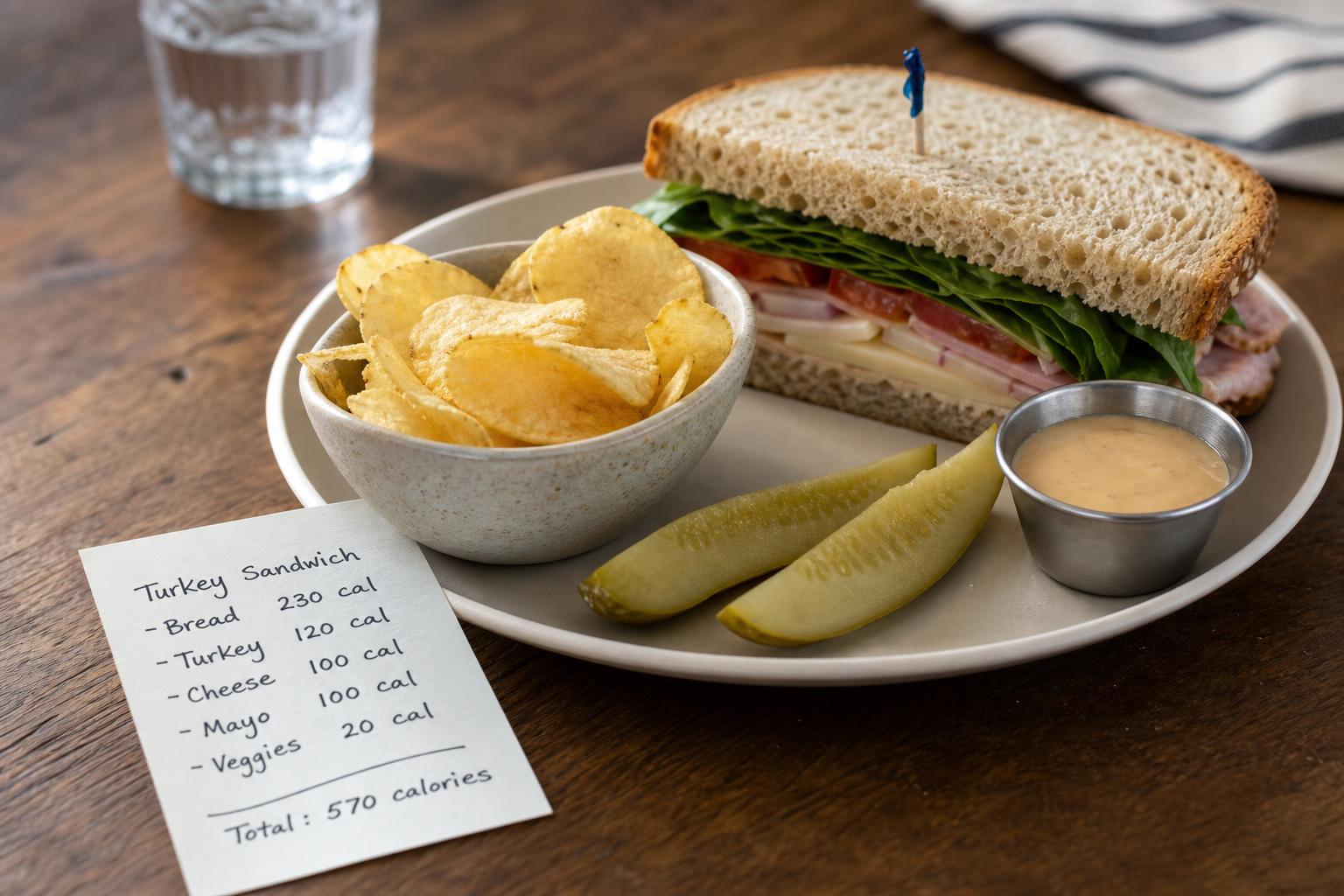 Close-up sandwich lunch with half a sandwich, chips, pickles, sauce cup, and a calorie note in warm natural light