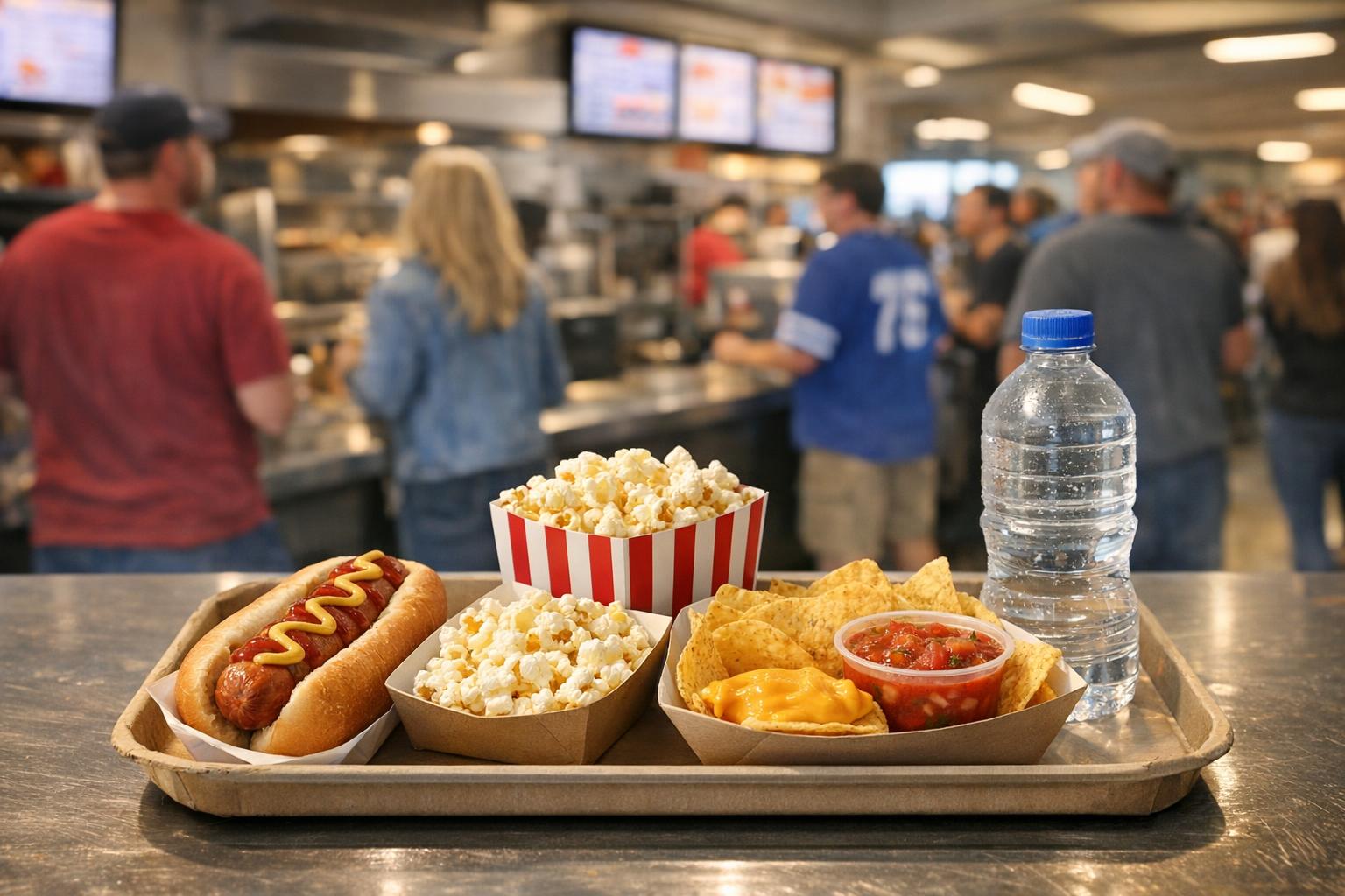 Realistic stadium concession tray with a hot dog, popcorn, nachos, and bottled water under warm arena lights