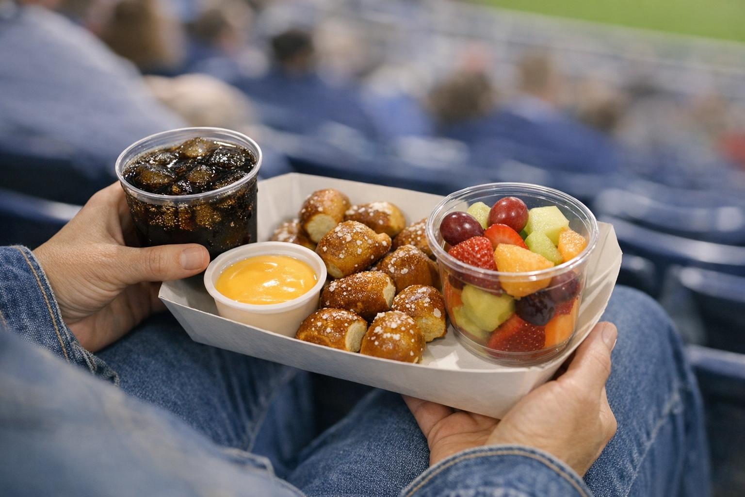 A smaller stadium snack combo with pretzel bites, fruit cup, and water in a stadium seat