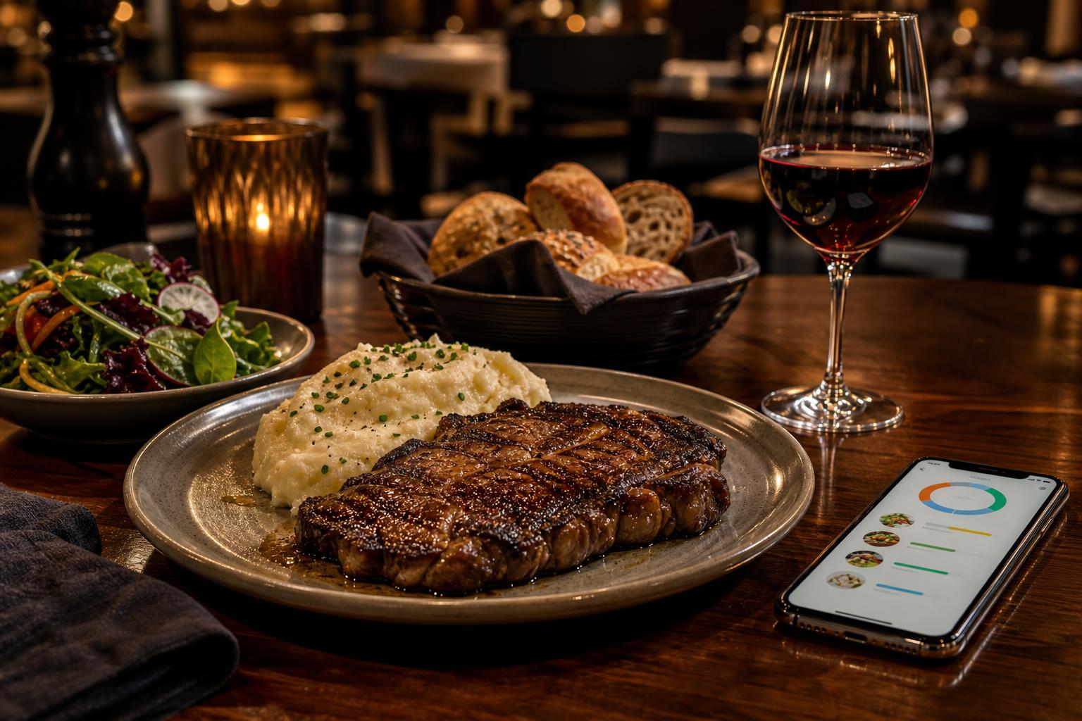 Photorealistic steakhouse dinner table with ribeye, potatoes, salad, bread basket, wine, and water in warm evening light