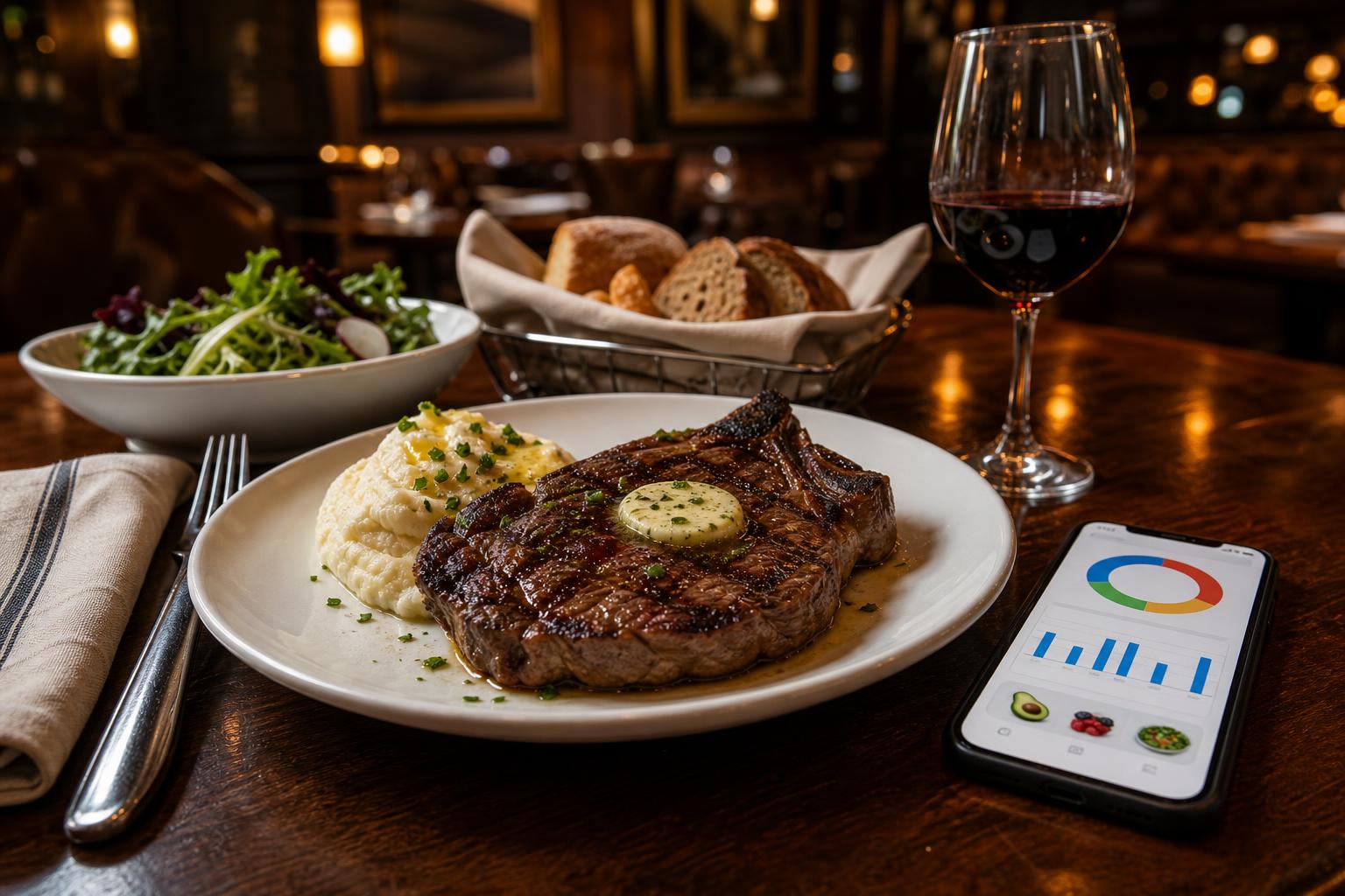 Close-up photorealistic steakhouse plate with steak, potatoes, vegetables, and a smaller bread portion on a restaurant table
