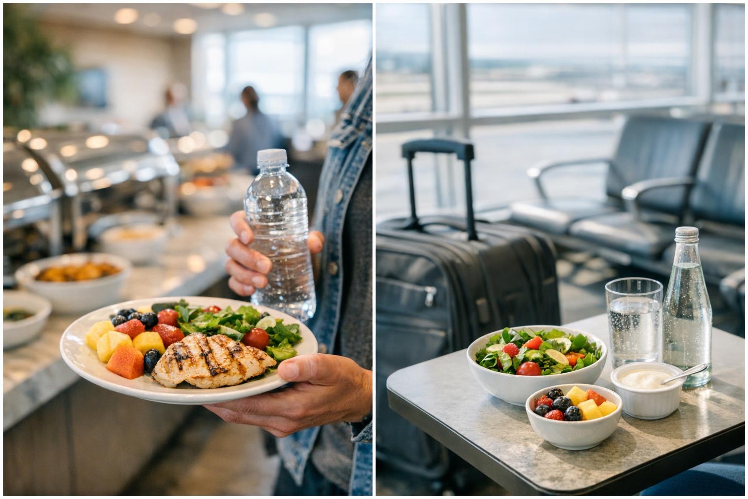 Realistic airport lounge buffet with a traveler holding a balanced plate of grilled chicken, salad, fruit, and water