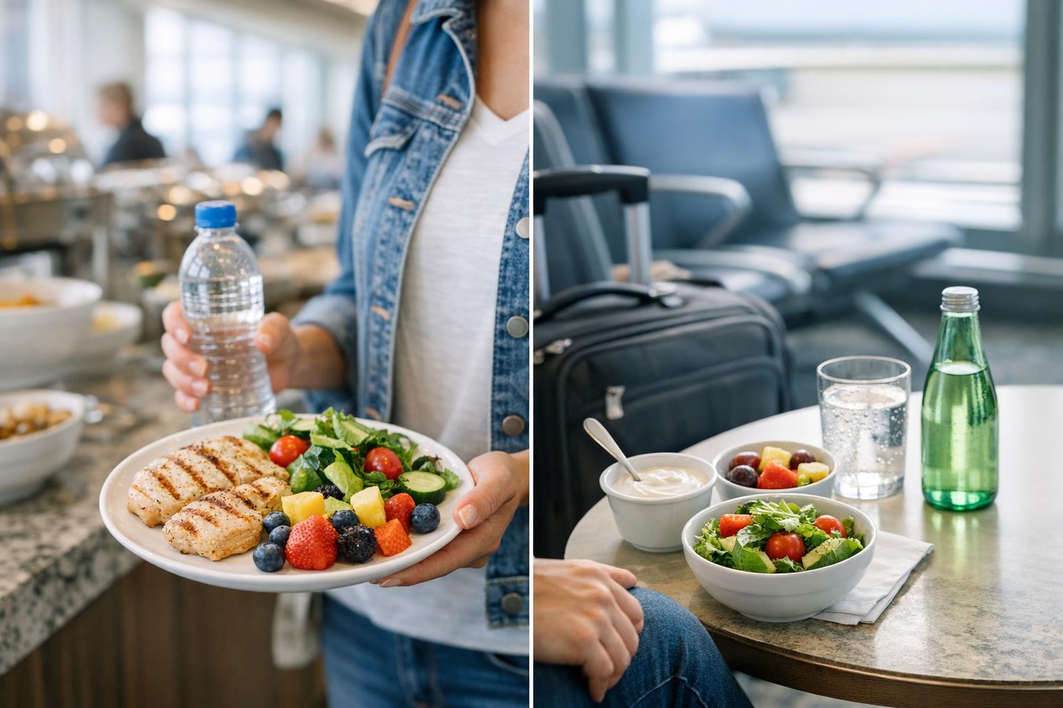 Traveler seated at an airport gate with a simple meal of salad, yogurt, fruit, and sparkling water