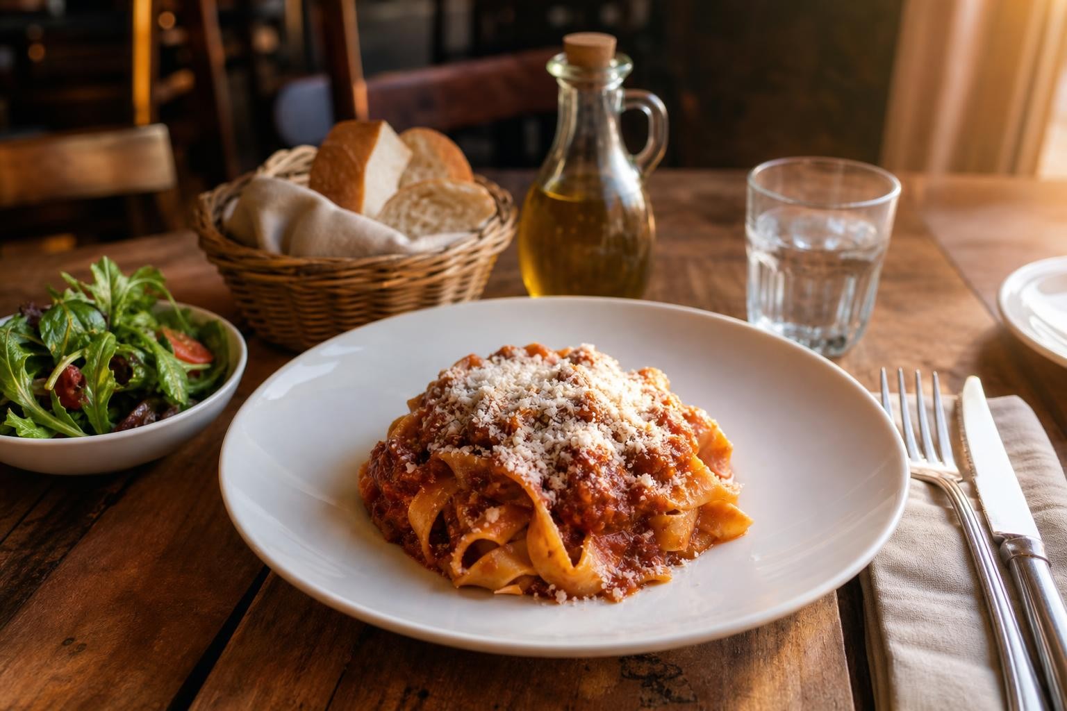 Photorealistic Italian restaurant dinner table with pasta, salad, bread basket, olive oil, and water in warm evening light