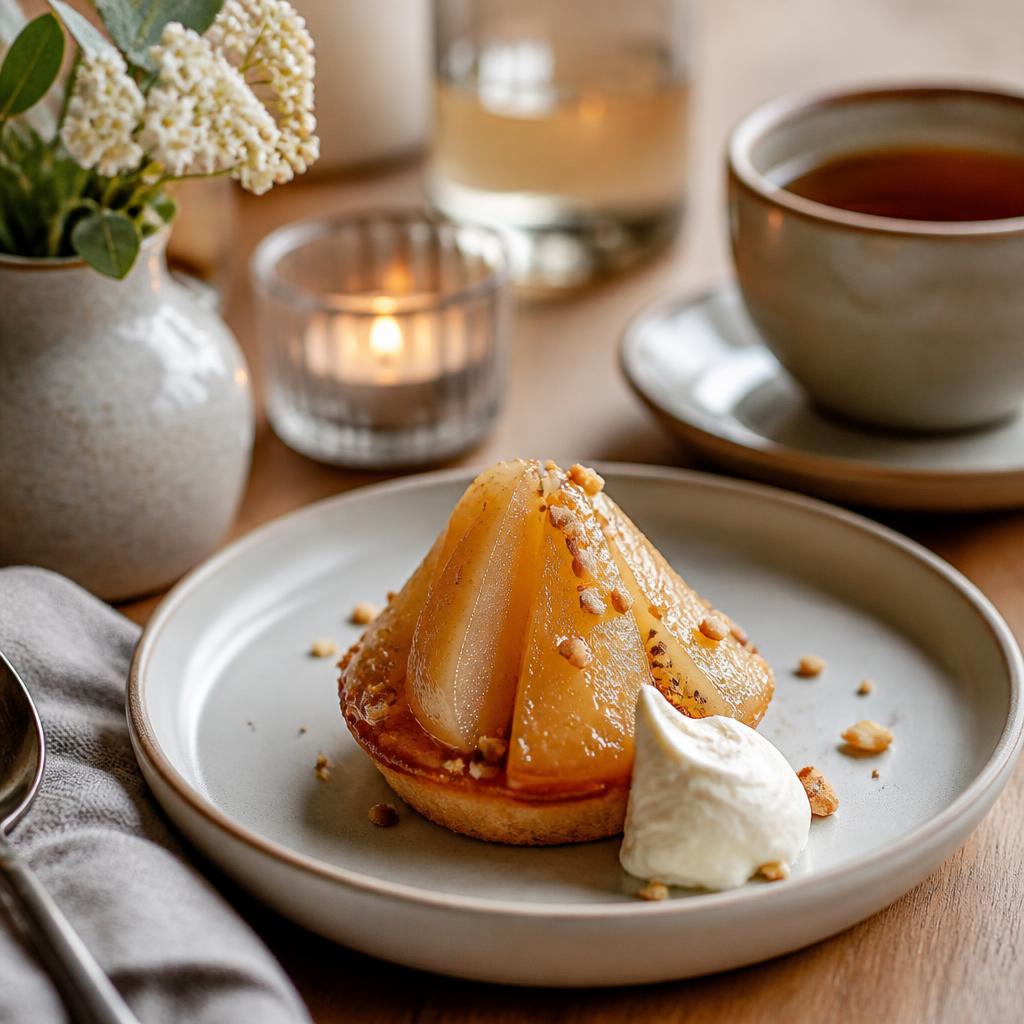 Realistic dessert photo with a small plated sweet treat on a cozy dinner table in warm natural light