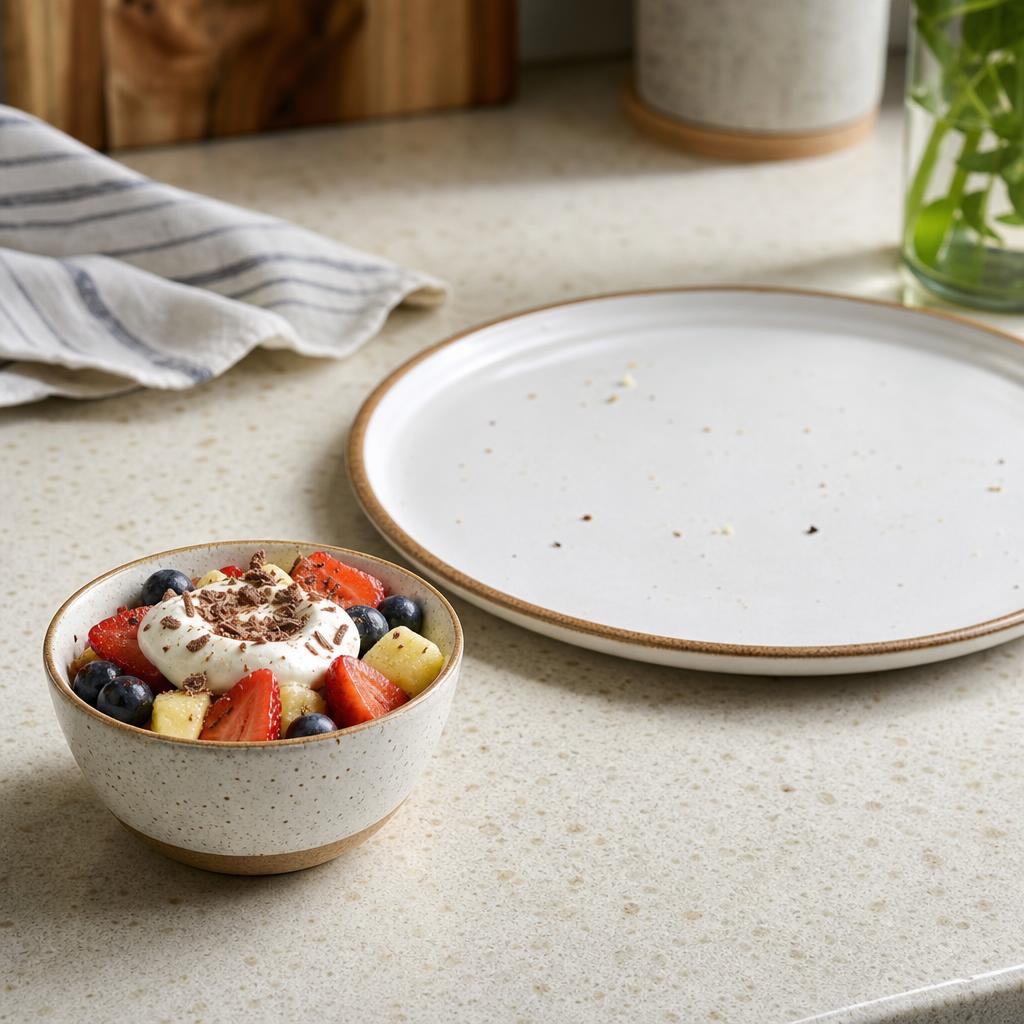 Realistic kitchen counter photo with a pre-portioned dessert bowl and a cleared dinner plate