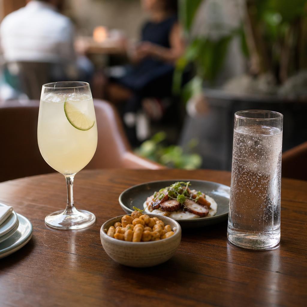 Realistic happy hour table with a light cocktail, sparkling water, and a small appetizer plate in a warm restaurant setting