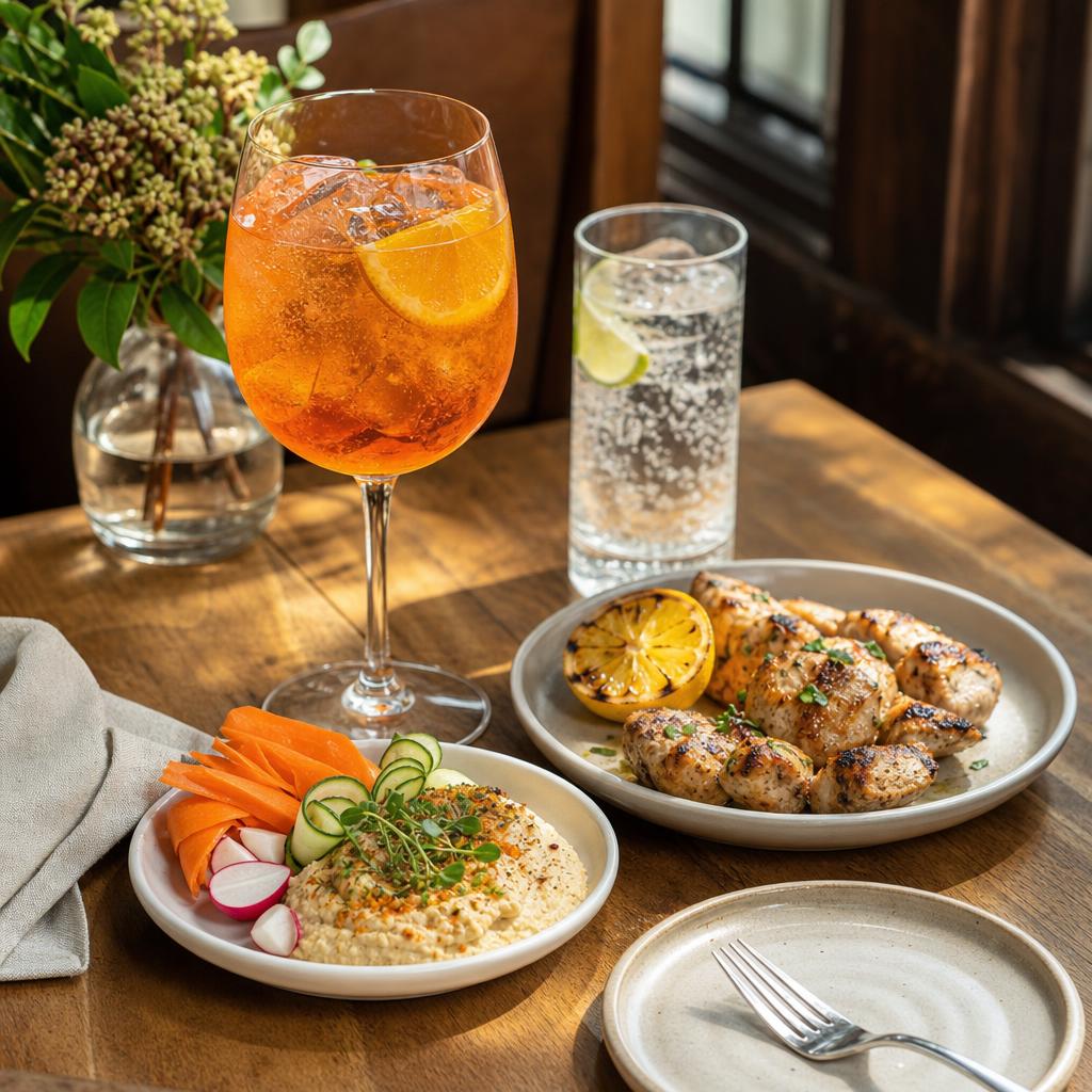 Smaller happy hour snack plate with grilled bites, citrus spritz, and sparkling water on a wooden table