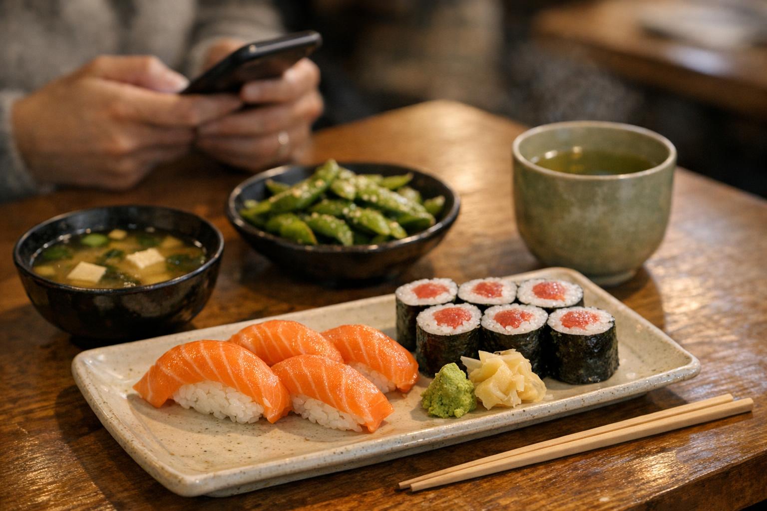Realistic sushi dinner table with nigiri, rolls, miso soup, edamame, green tea, and a simple restaurant setting
