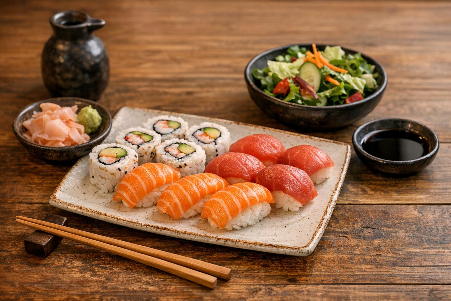 Realistic sushi meal on a wooden table with sashimi, rice, soy sauce, ginger, and chopsticks