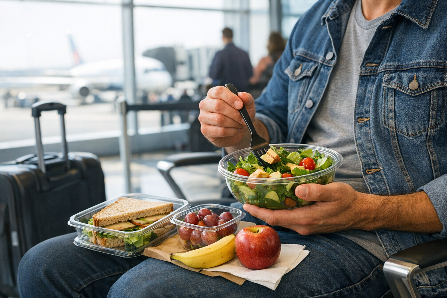 Realistic travel day meal with salad, sandwich, fruit, and luggage in the background