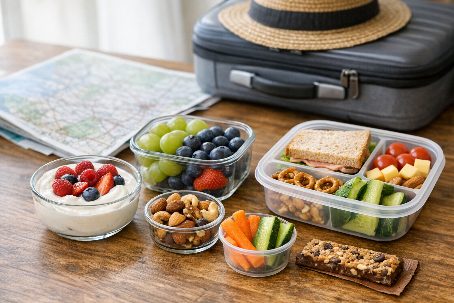 Travel snack setup with fruit, yogurt, nuts, and a lunch container on a table