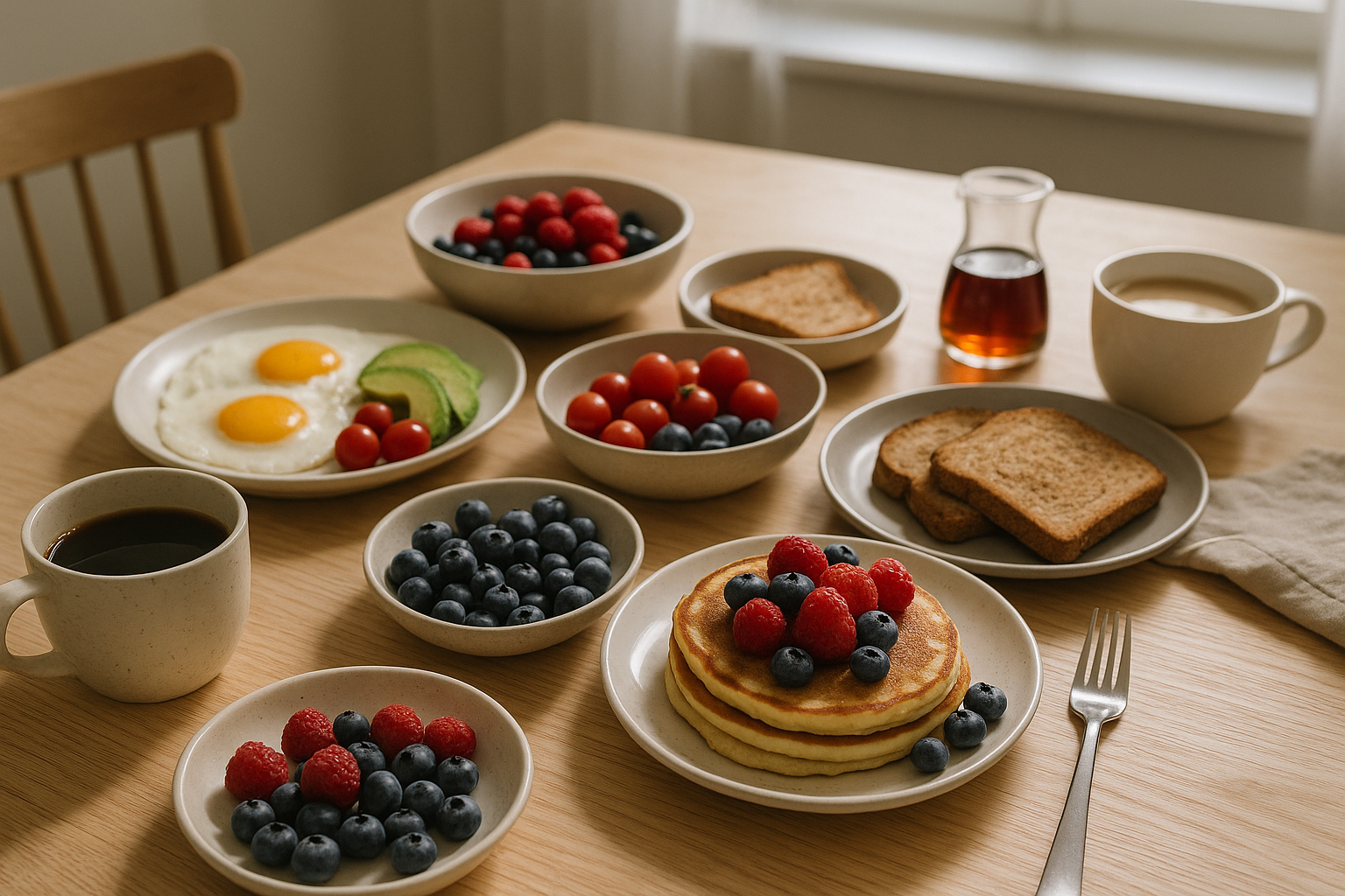 Weekend brunch table with pancakes, berries, eggs, toast, and coffee in a bright realistic stock-style kitchen setting