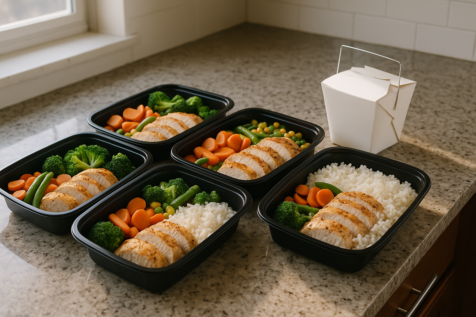 Meal prep containers with chicken rice and vegetables next to a takeout box on a bright kitchen counter in a realistic stock-style photo