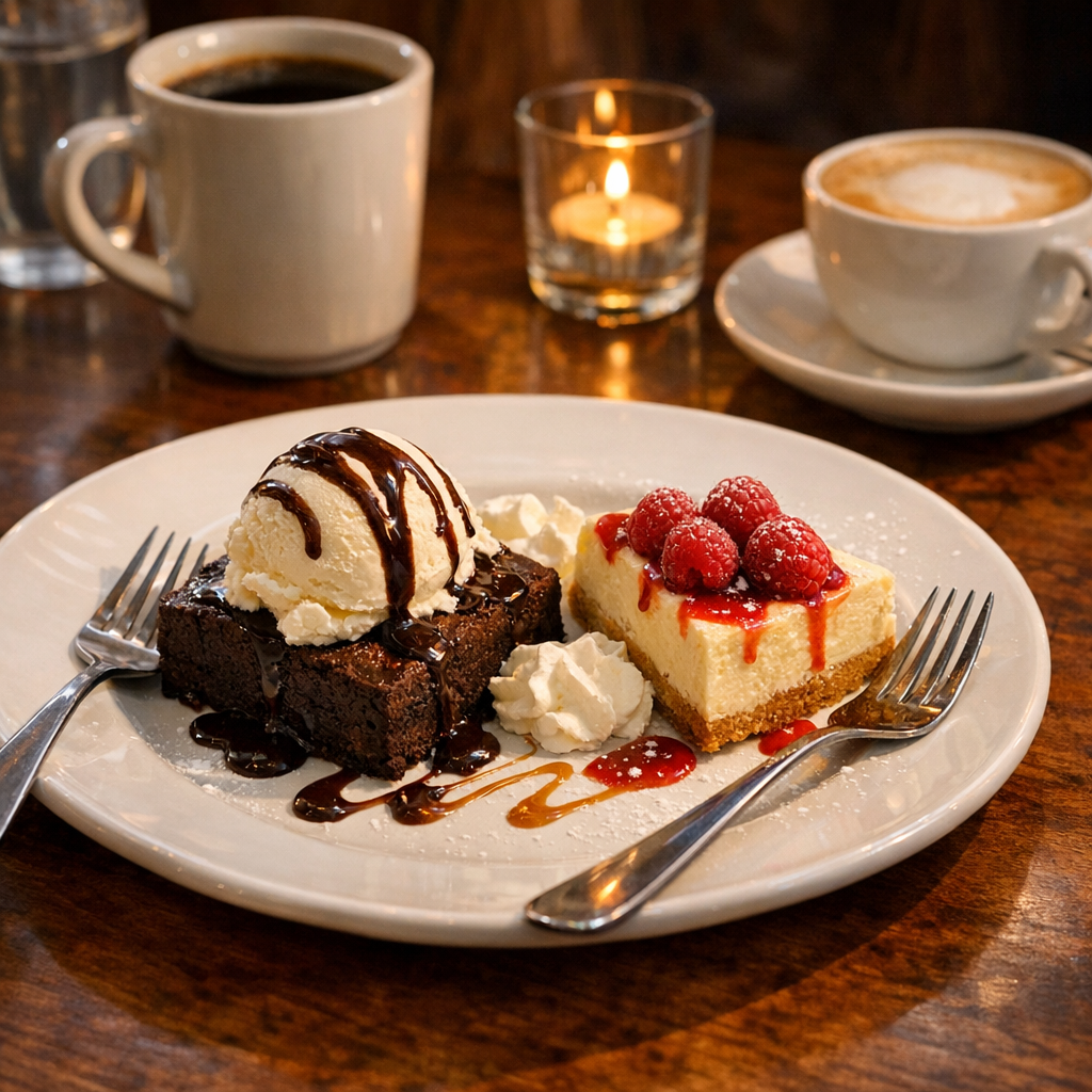 Shared dessert plate with two forks and coffee on a restaurant table