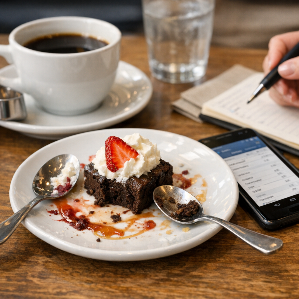 Small dessert portion beside a coffee cup and phone for logging