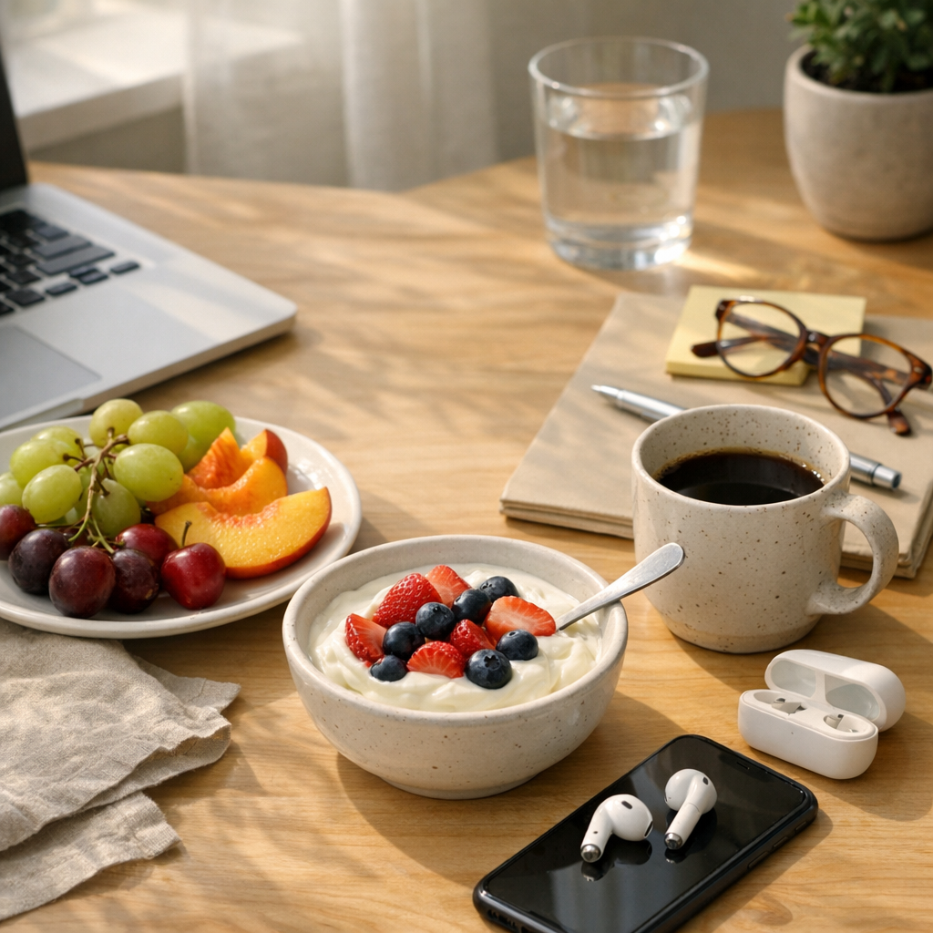 Afternoon snack setup with fruit, yogurt, coffee, and a phone on a desk