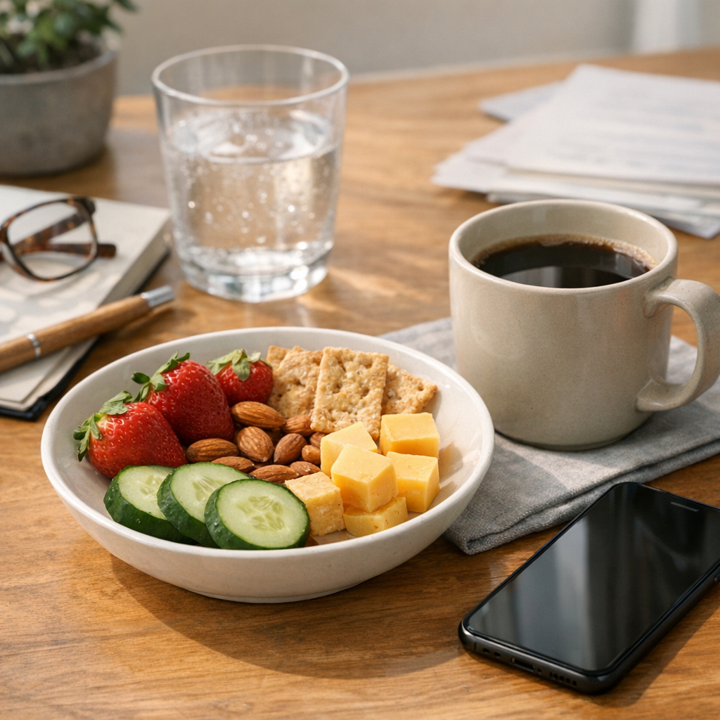 Desk with a snack plate, coffee cup, and phone during an afternoon break