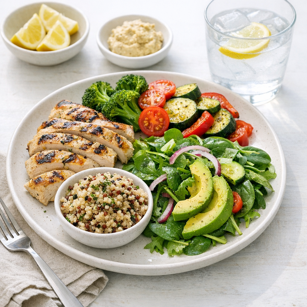 Protein-forward lunch with chicken, vegetables, and a simple side on a bright table