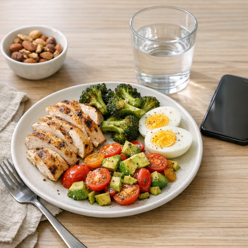 Simple protein lunch plate with a water glass and phone nearby