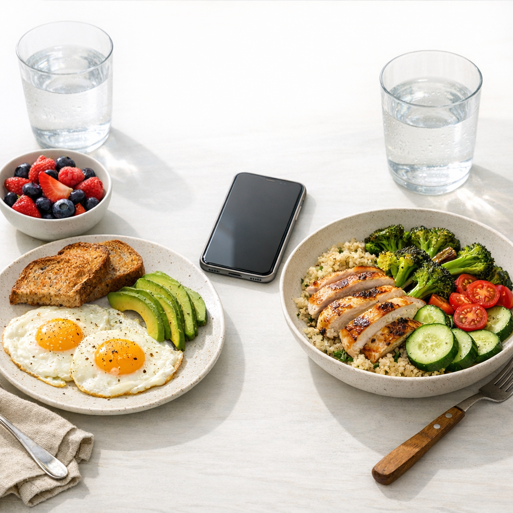 Two simple meals on a table with water and a phone between them