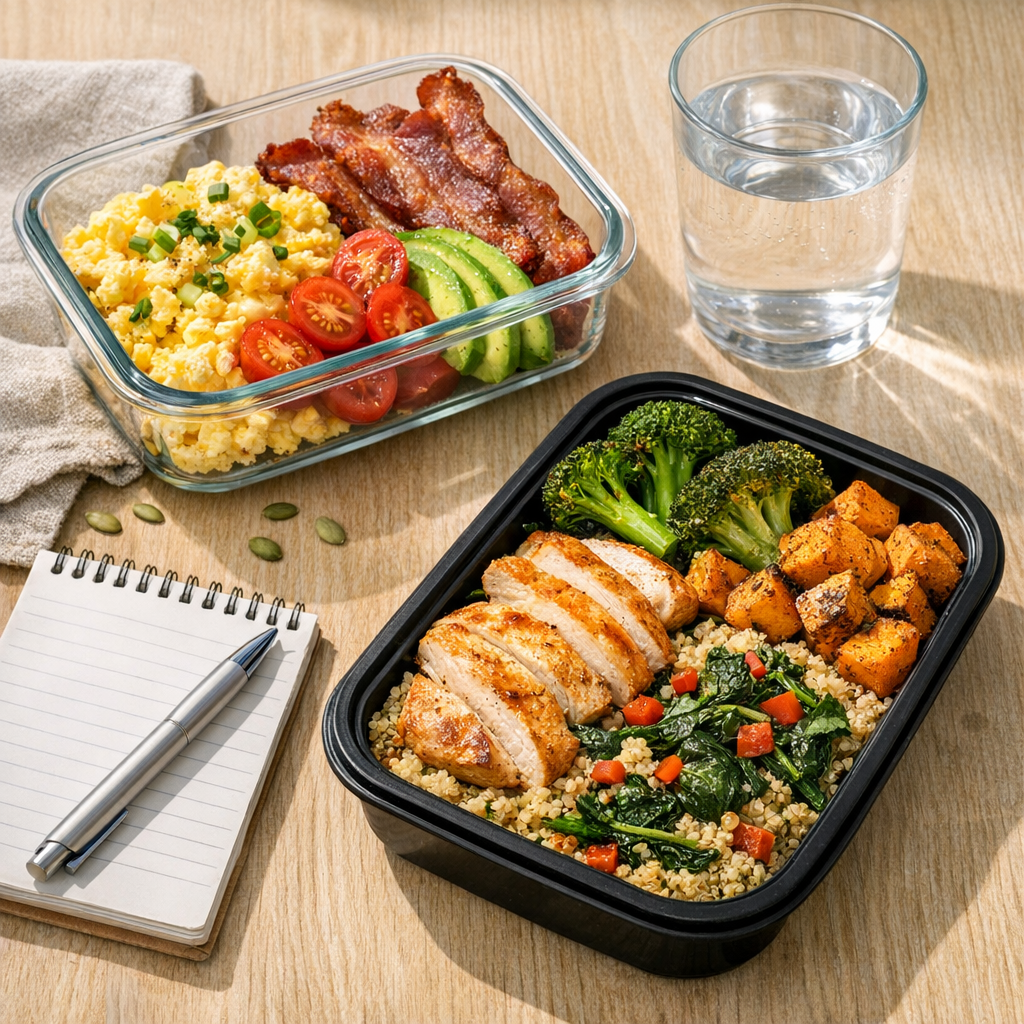 Two meal containers with a water glass and notebook for planning