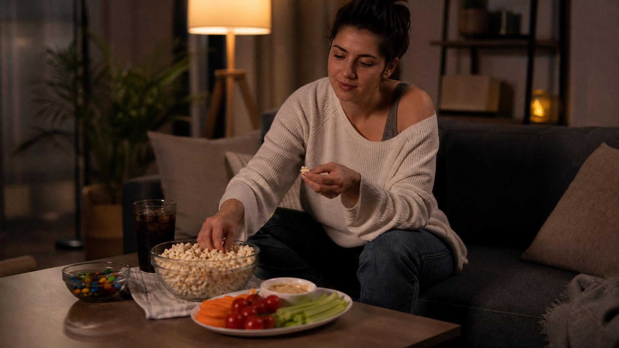 A cozy movie night snack setup with popcorn, fruit, candy, and sparkling drinks on a coffee table