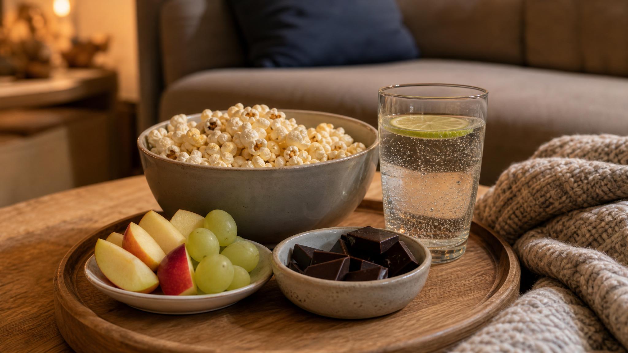 A portioned movie night snack tray with popcorn, fruit, dark chocolate, and sparkling water in a cozy living room