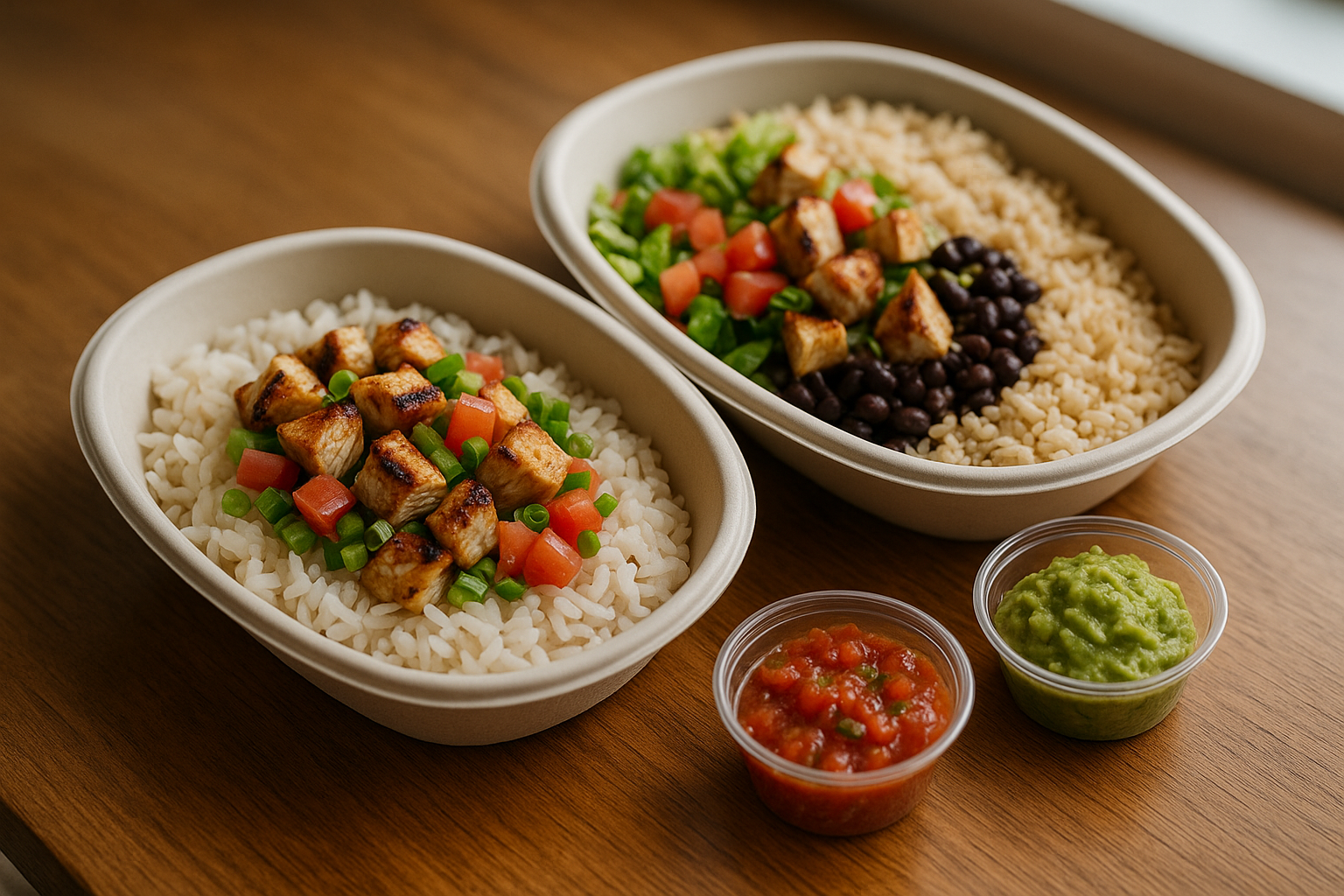 Photorealistic takeout bowls with chicken rice vegetables salsa and guacamole on a wooden table in a stock-style lifestyle photo