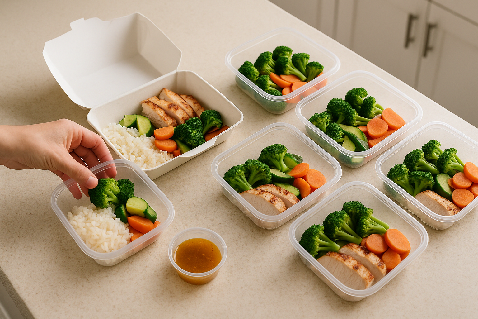 Photorealistic kitchen counter with takeout leftovers being split into meal prep containers with chicken rice vegetables and sauce on the side
