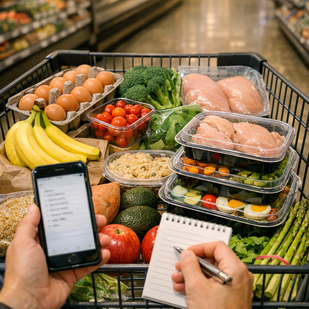 Grocery cart with simple whole foods, meal prep containers, and a list on a phone