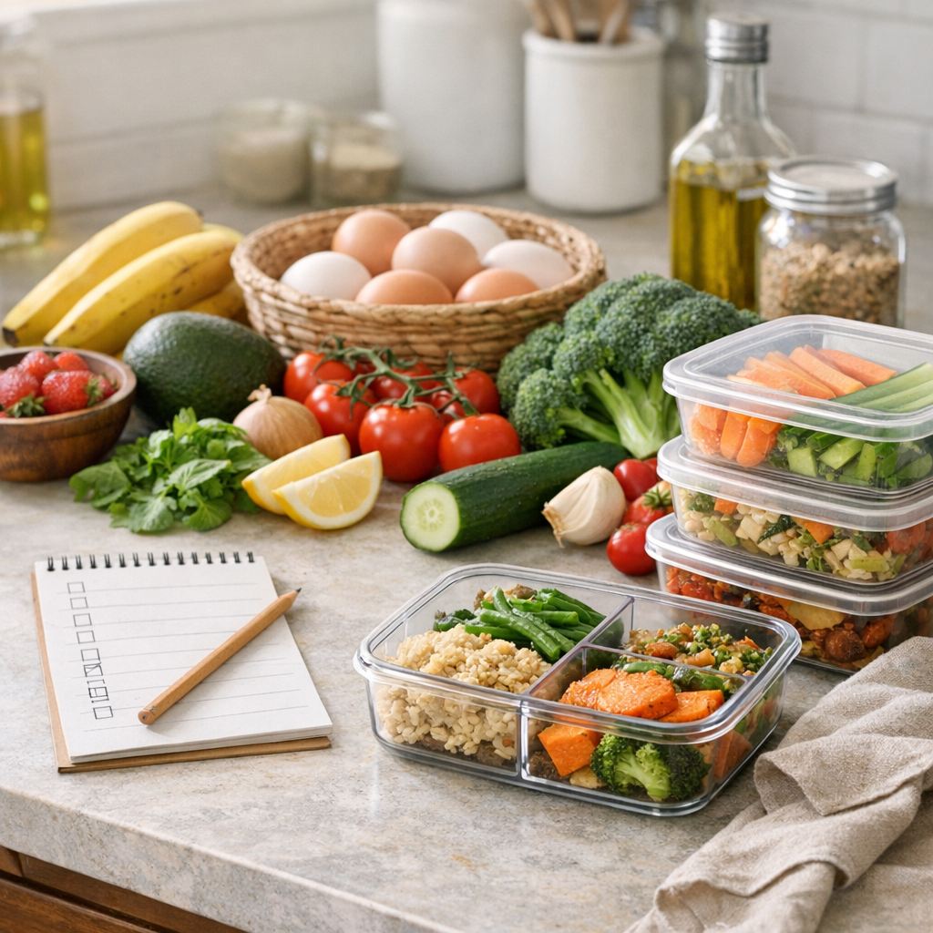 Grocery list, produce, and meal containers laid out on a kitchen counter