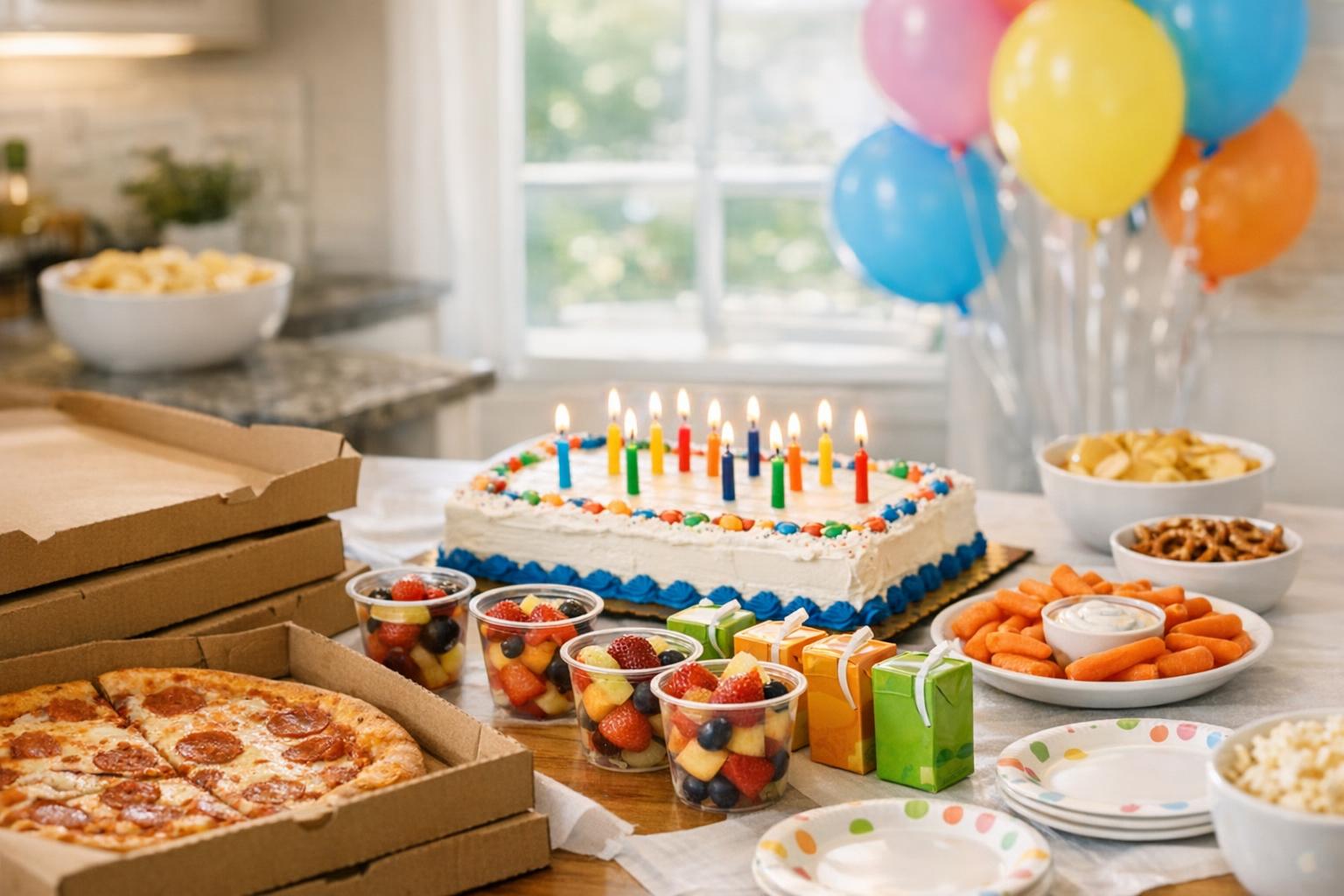 Realistic birthday party table with sheet cake, pizza boxes, juice boxes, fruit cups, and balloons in a bright family room
