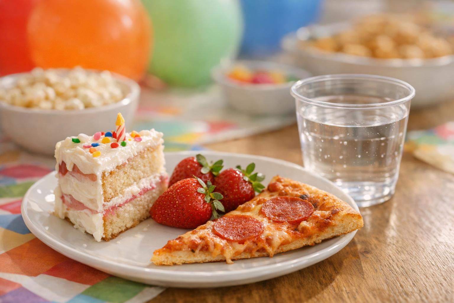 Small birthday party plate with one slice of cake, strawberries, a modest pizza slice, and a cup of water