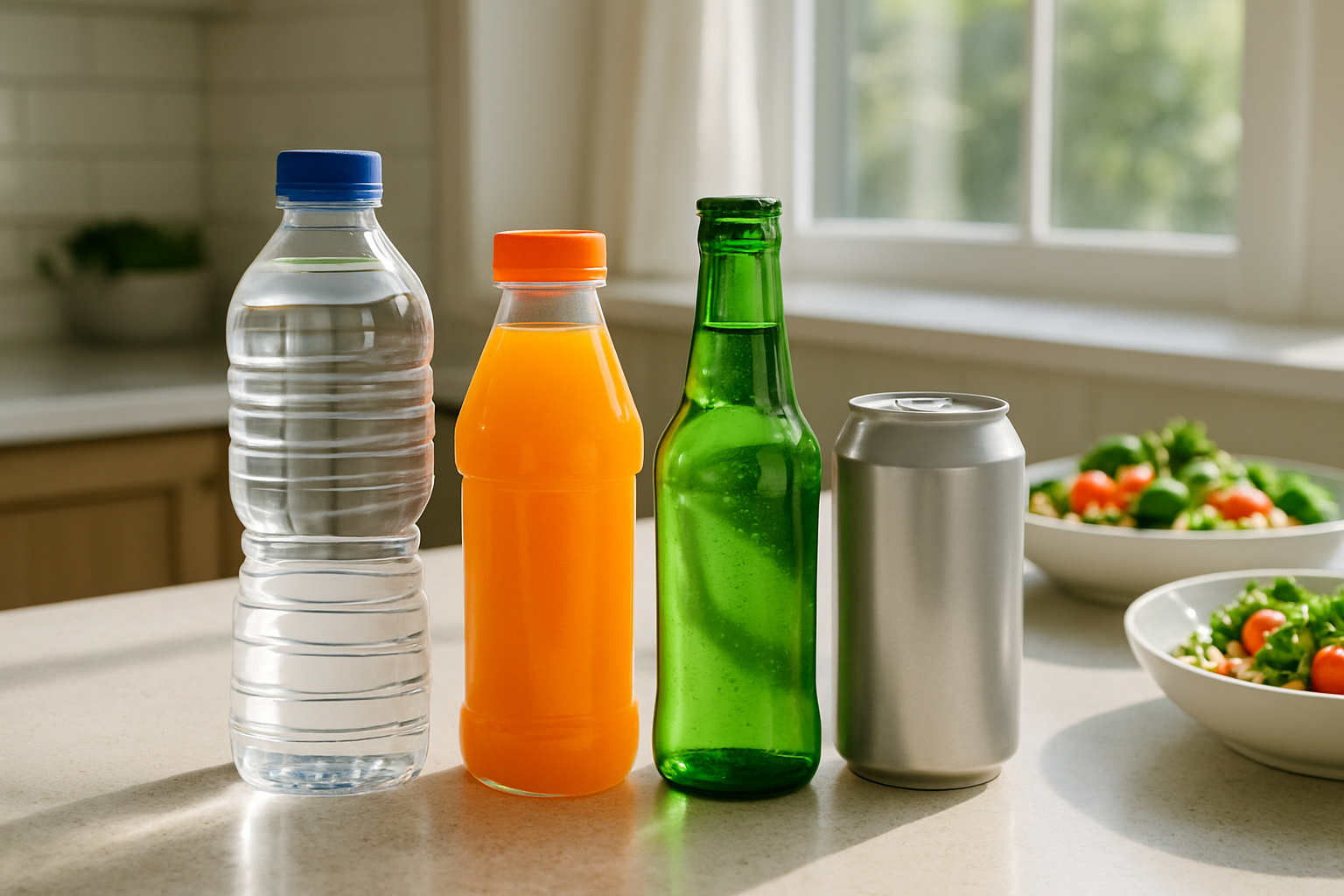 Assortment of drinks on a bright kitchen counter beside a simple meal, styled like a realistic stock photo about liquid calories