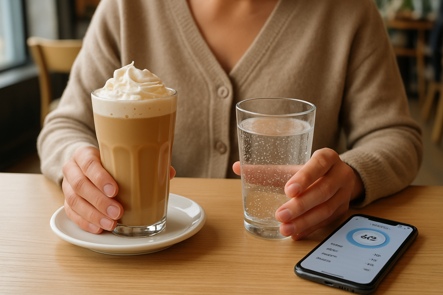 Person at a cafe table holding a creamy coffee drink next to sparkling water and a phone, styled like a realistic stock photo