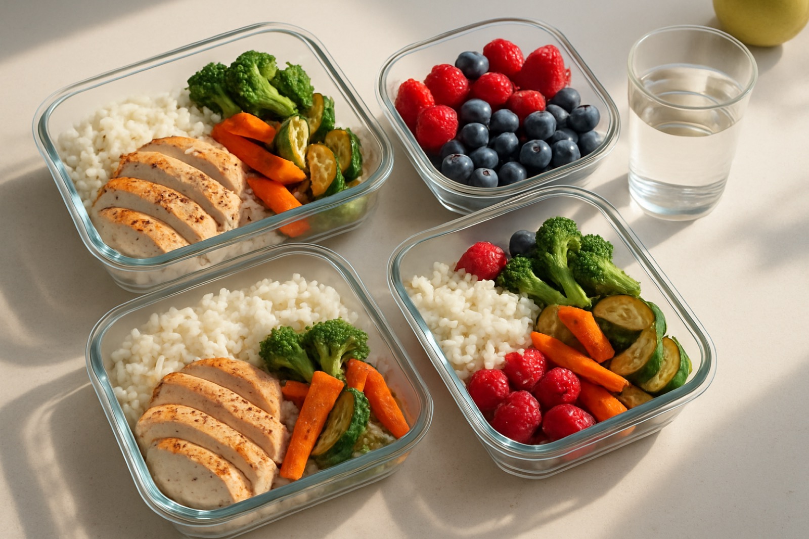 Healthy meal prep containers with chicken, rice, vegetables, berries, and water on a kitchen counter