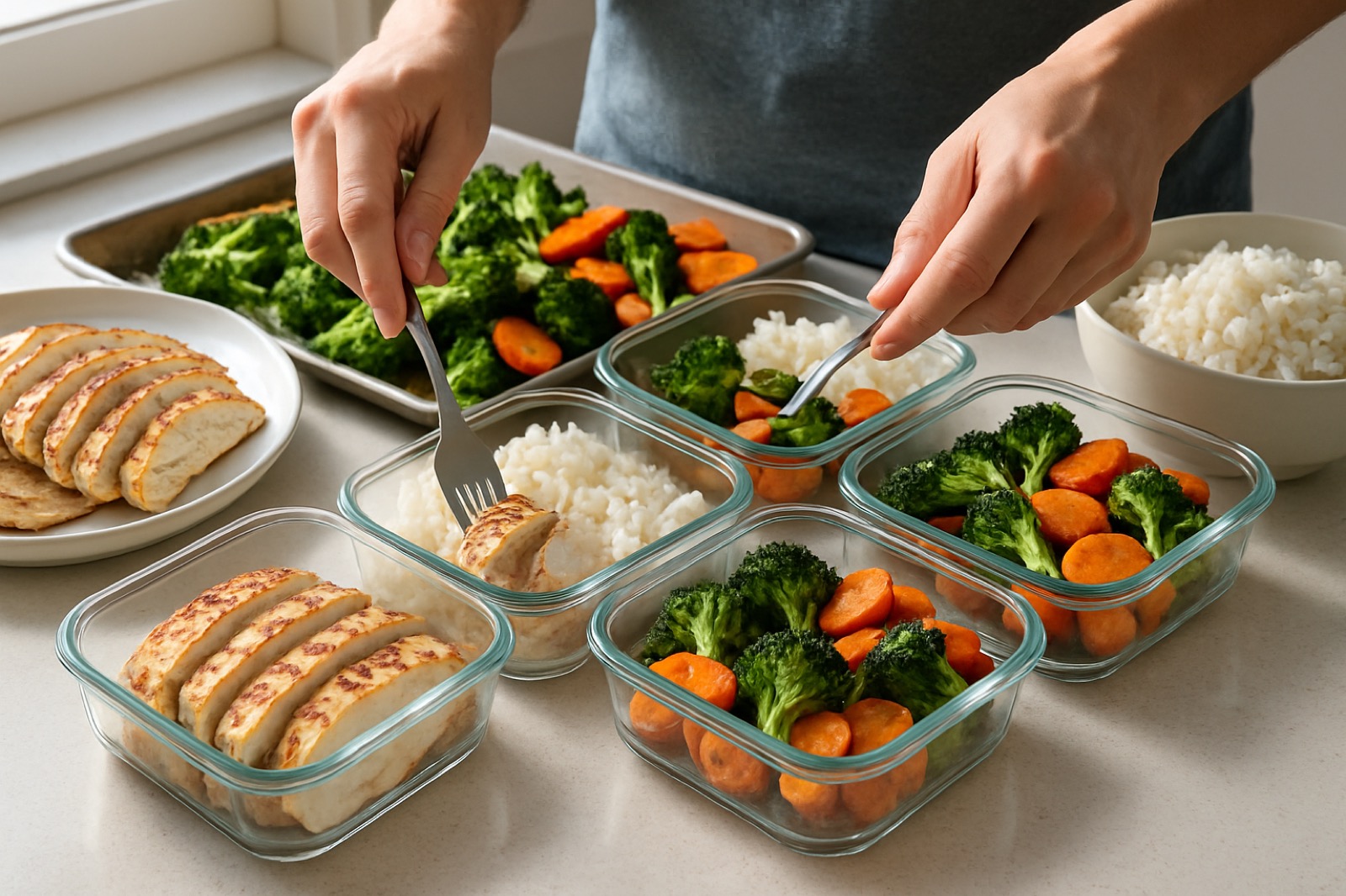 Simple meal prep containers and balanced foods arranged for a realistic weight management routine