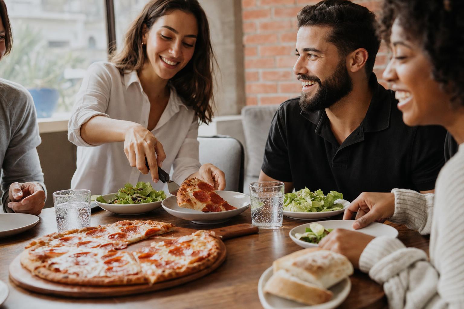 Realistic pizza night table with friends, slices of pizza, salad, and sparkling water in a casual apartment setting
